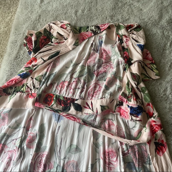 AFRM Floral Wrap Tie Dress beach coverup XS puff shoulder pink rose - Picture 5 of 17